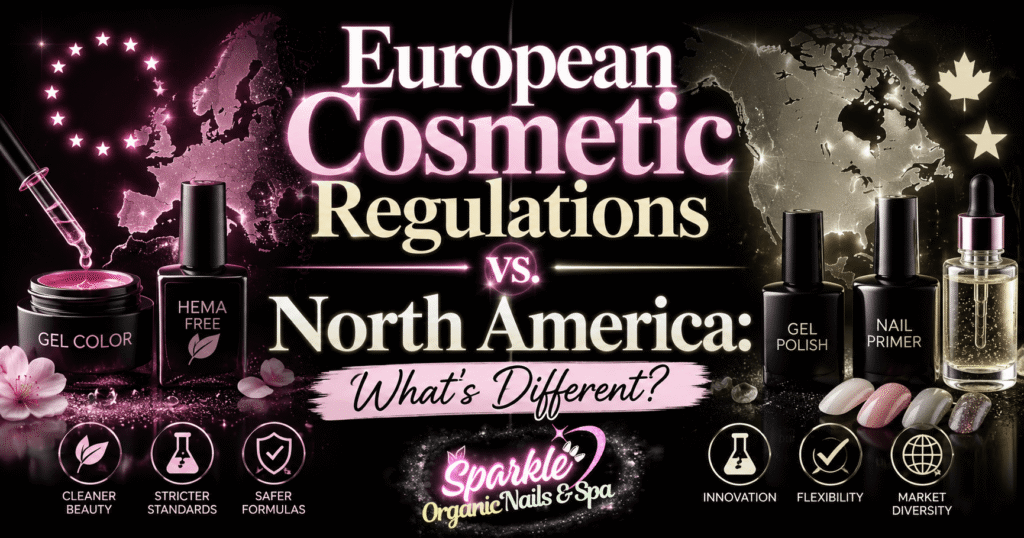 European cosmetic regulations vs North America title graphic with gel polish and nail primer bottles