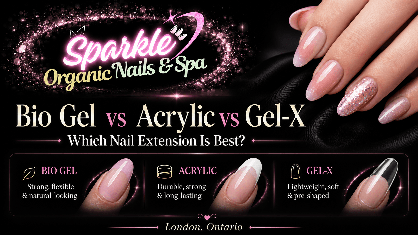 Bio Gel vs Acrylic vs Gel-X nail extension comparison at Sparkle Organic Nails & Spa in London Ontario