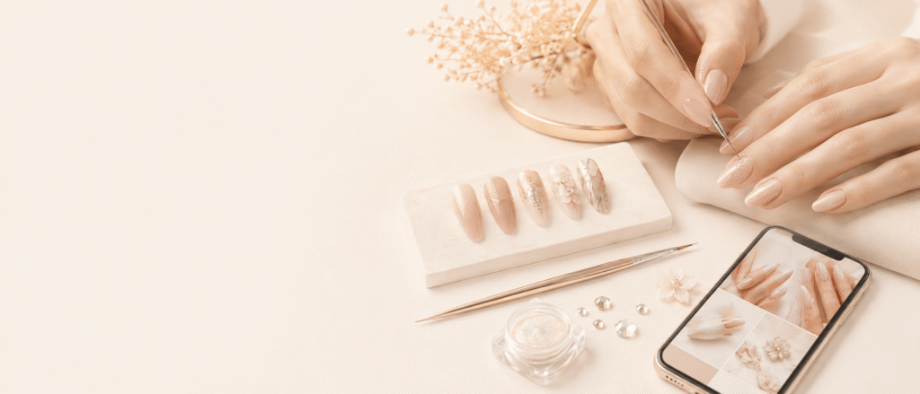 Custom nail art in progress: hand-painted nude almond tips, gems and a design photo on a phone
