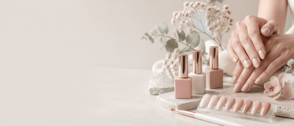 Nude gel polish bottles and a soft nude manicure, illustrating TPO-free gel polish