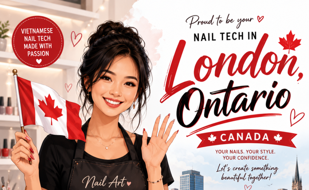 Illustration of a smiling nail technician holding a Canadian flag beside the words Proud to be your nail tech in London, Ontario