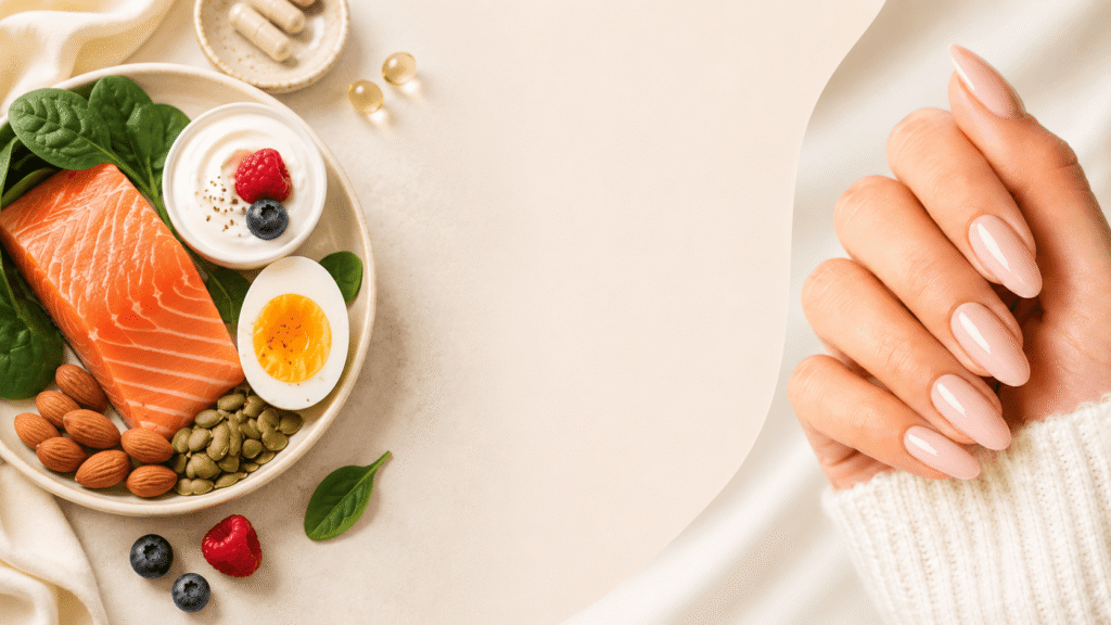 Salmon, egg, yogurt, nuts and spinach beside a hand with nude almond nails