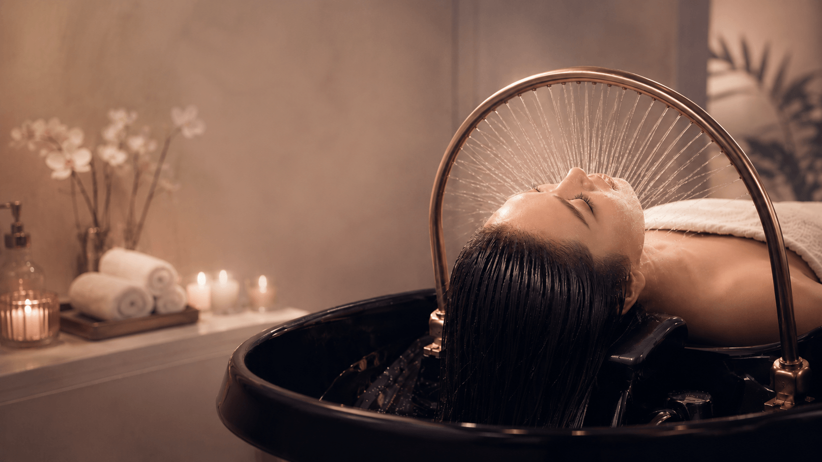 Woman relaxing as warm water flows over her scalp during a Vietnamese head spa
