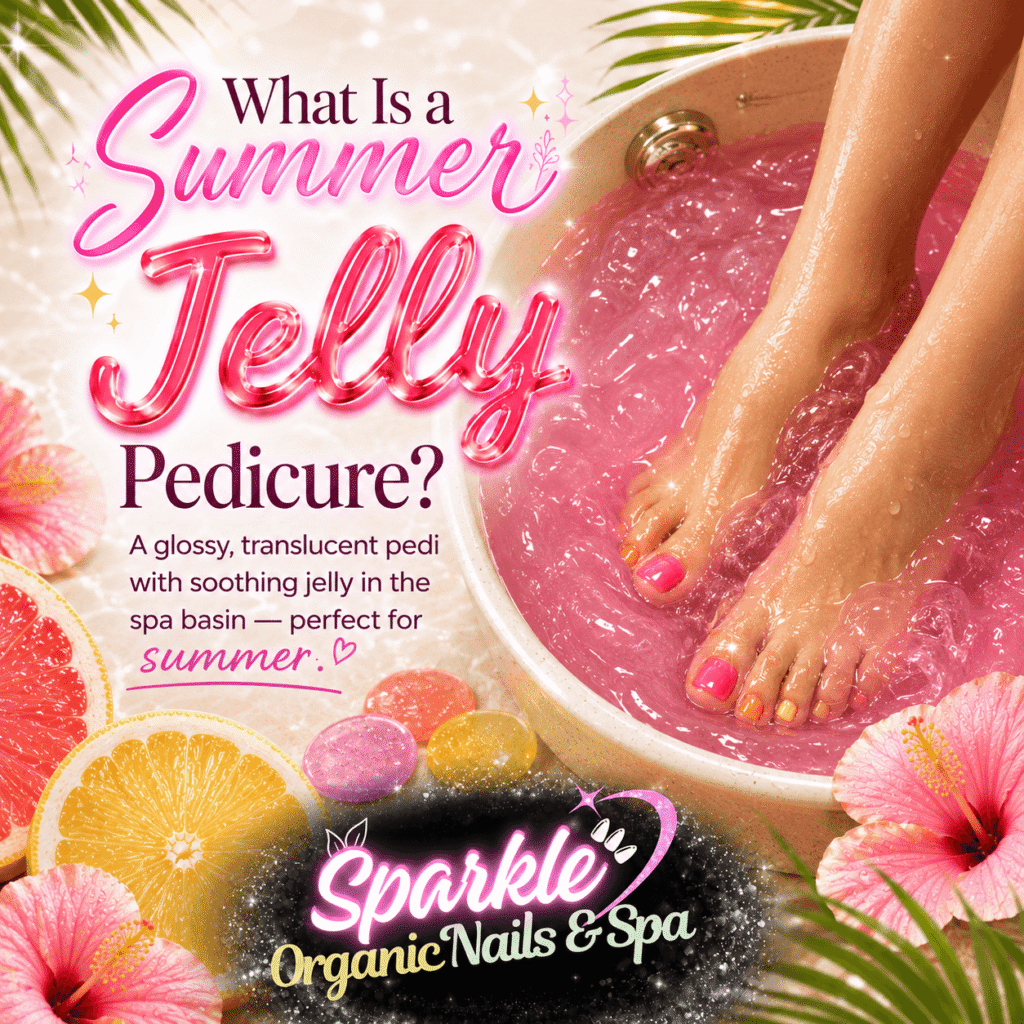 Summer jelly pedicure: feet soaking in a pink jelly pedicure bath with hibiscus and citrus
