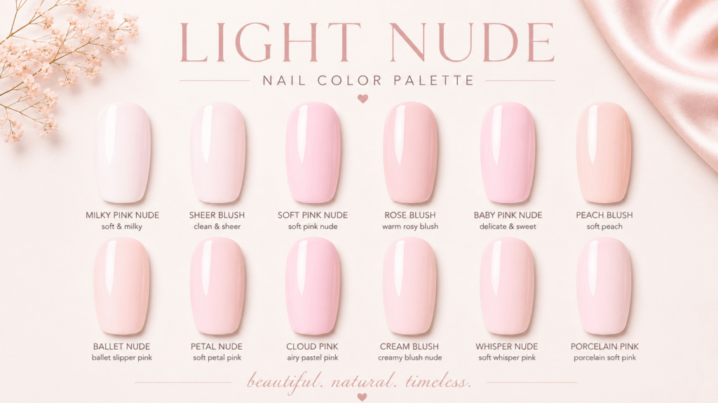 Light nude nail colour palette showing twelve soft pink and peach nude shades