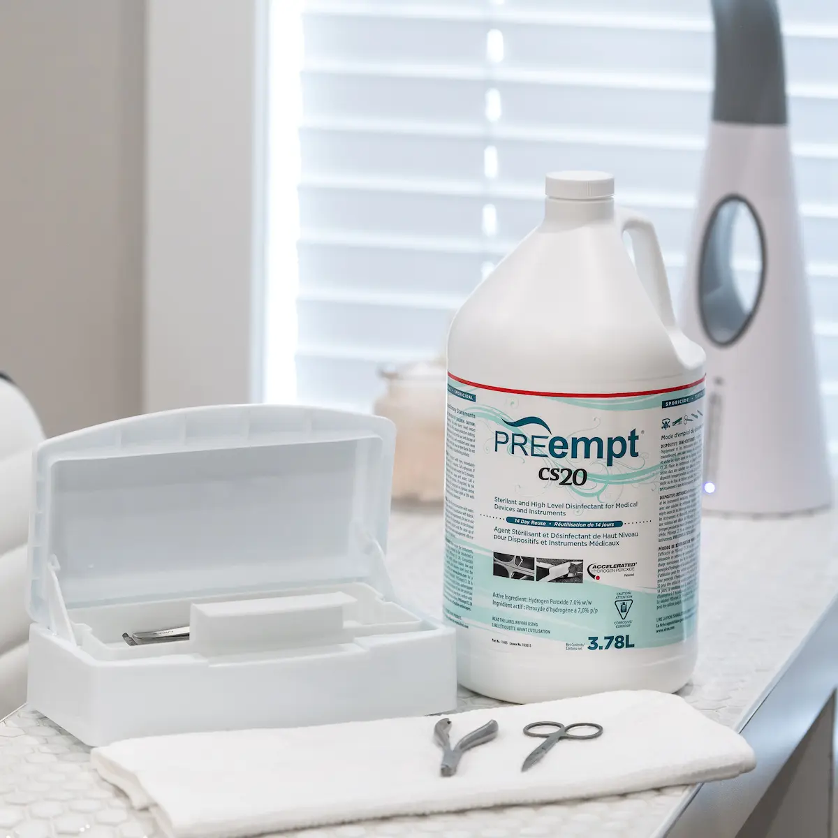 PREempt CS20 high-level disinfectant used for reusable nail tools at Sparkle Organic Nails and Spa London Ontario